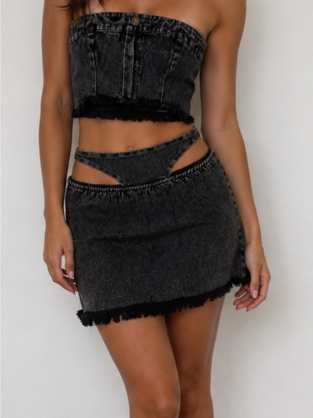 SHEIN Distressed Black Denim Set - Strapless Top, Mini Skirt size S